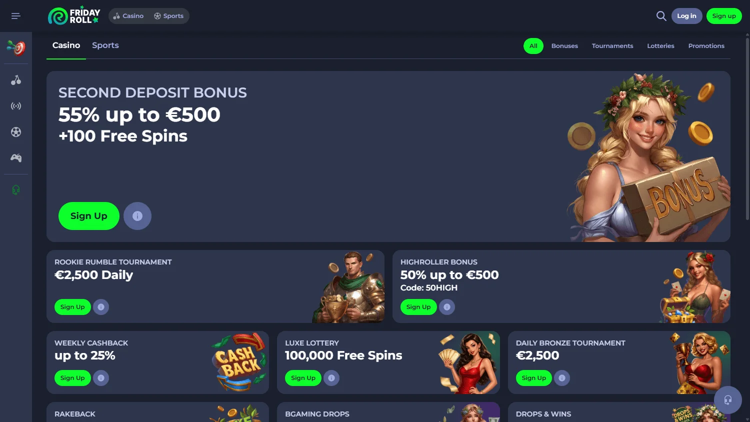 Fridayroll Casino desktop promotions area with welcome and reward offers
