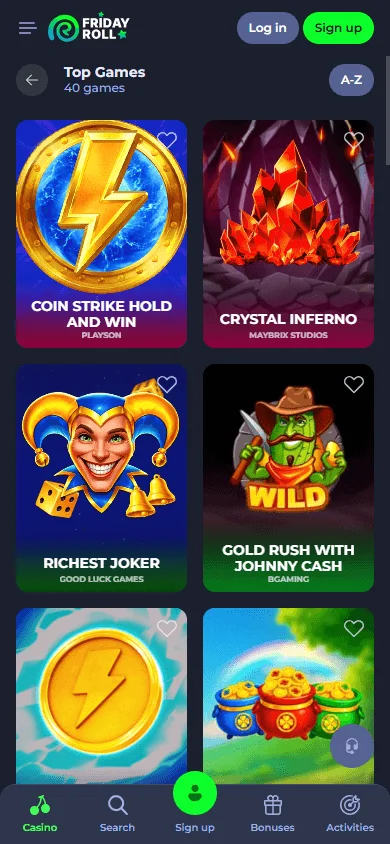 Fridayroll Casino mobile games catalogue with pokies and live casino categories