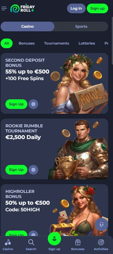 Fridayroll Casino mobile promotions area with bonus and free-spin offers