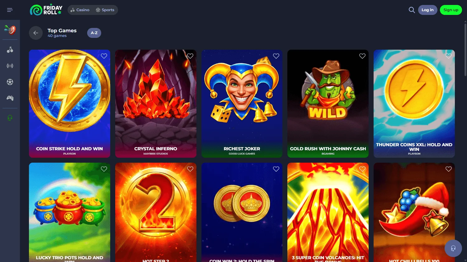 Fridayroll Casino desktop games catalogue with pokies and casino categories