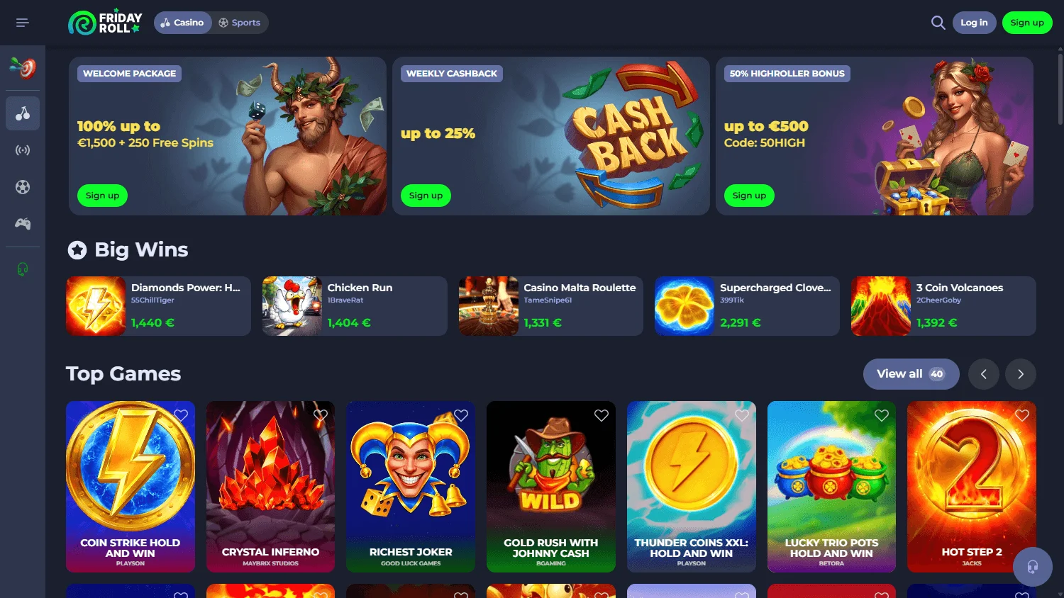 Fridayroll Casino desktop home experience with casino offers and account features
