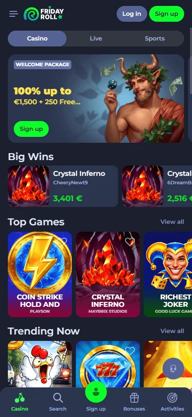 Fridayroll Casino mobile-compatible home experience with casino information